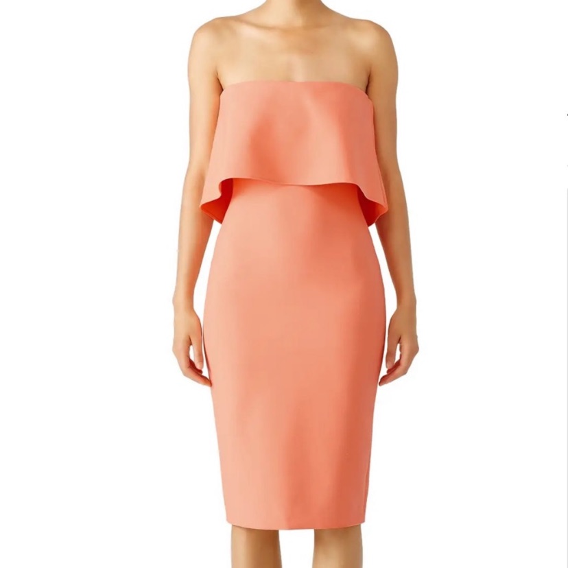 Likely Driggs Coral Pink Strapless Bodycon Ruffled Midi Cocktail Dress
